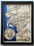 Personalised laser-cut wooden map of San Diego in a black frame
